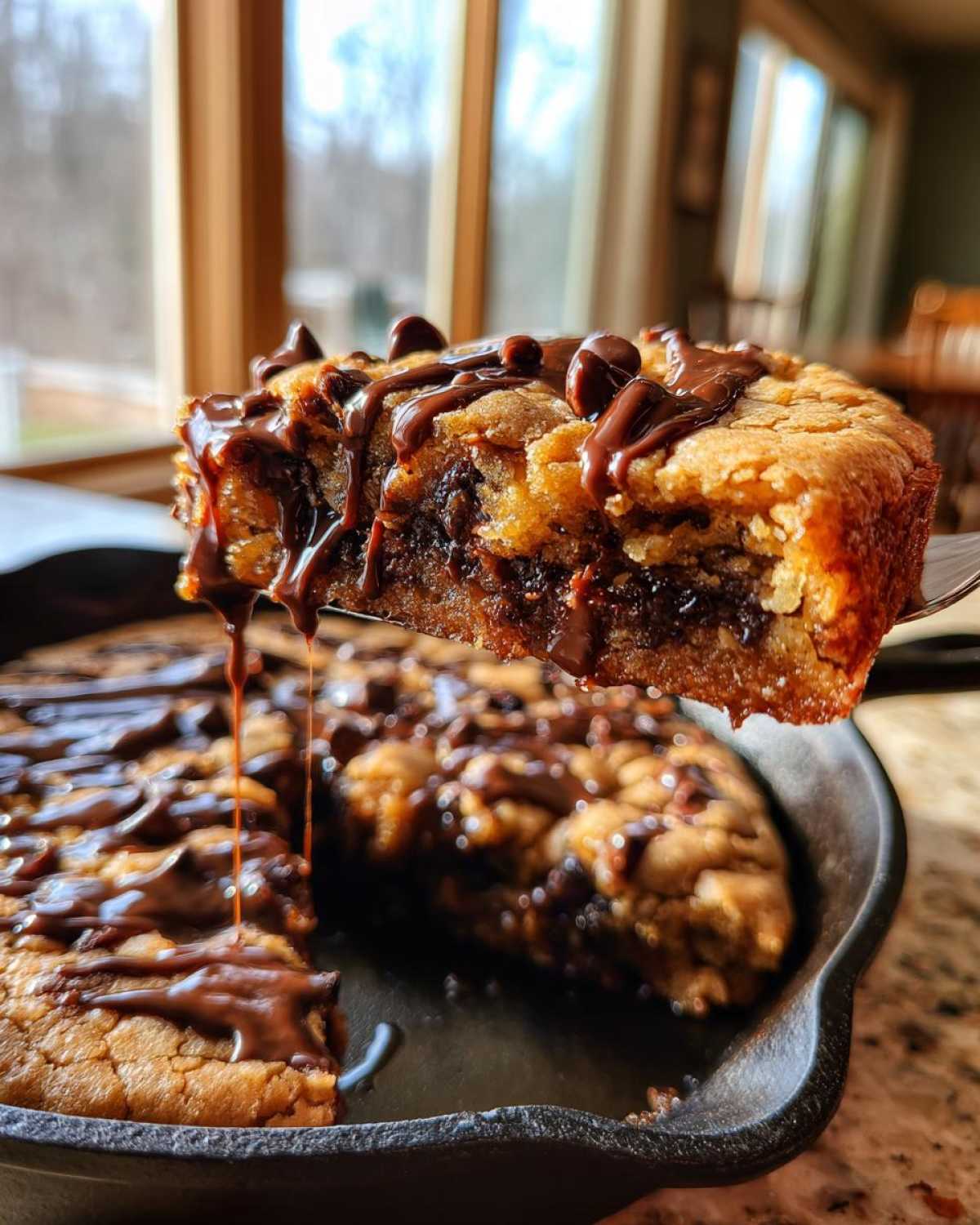 A gooey slice of Gluten-Free Chocolate Chip Skillet Cookie being lifted from the pan, drizzled with melted chocolate.
