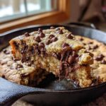 A large slice being lifted from a warm Gluten-Free Chocolate Chip Skillet Cookie in a cast iron pan, showing gooey melted chocolate.