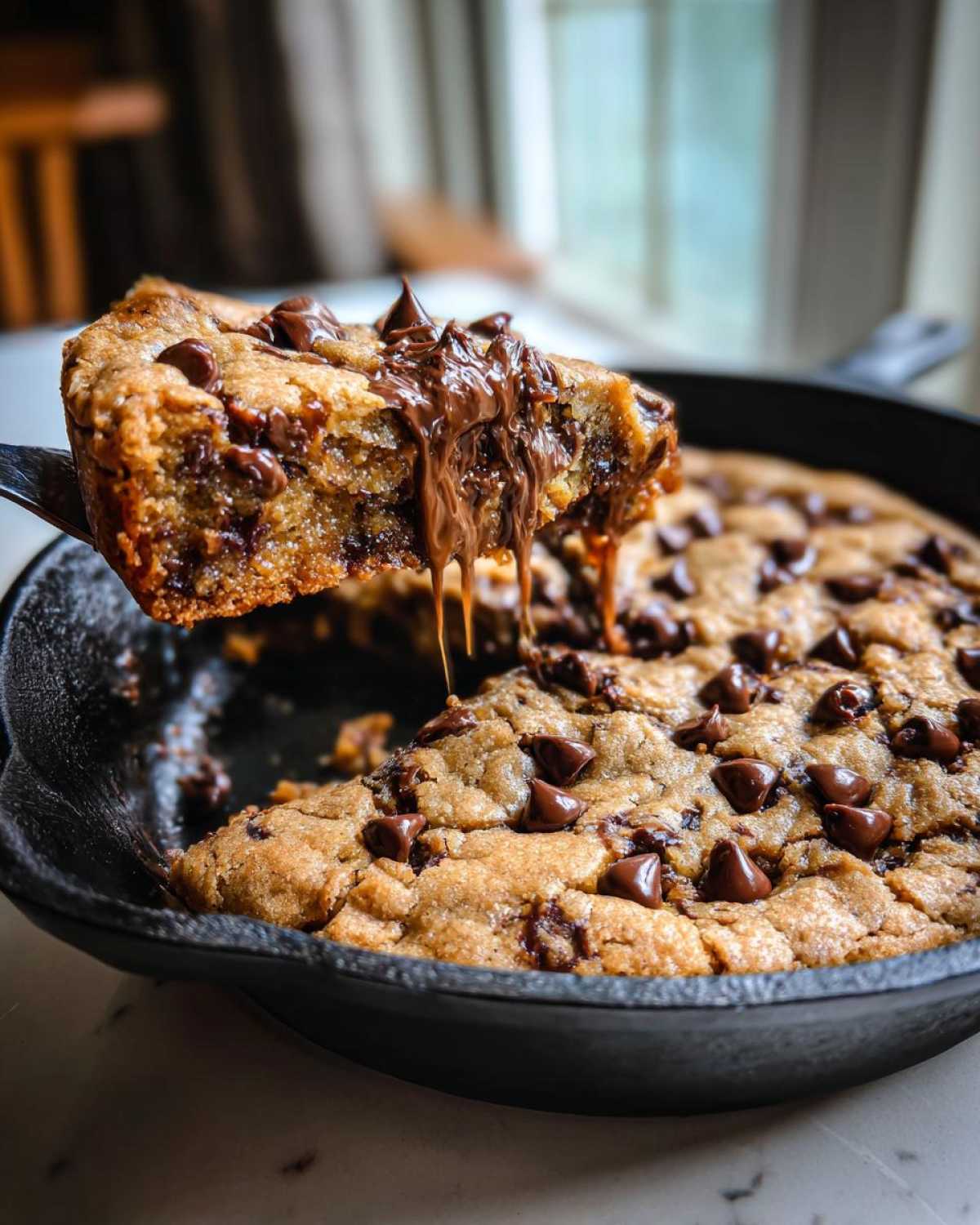 A slice of warm Gluten-Free Chocolate Chip Skillet Cookie being lifted, showing gooey melted chocolate dripping.