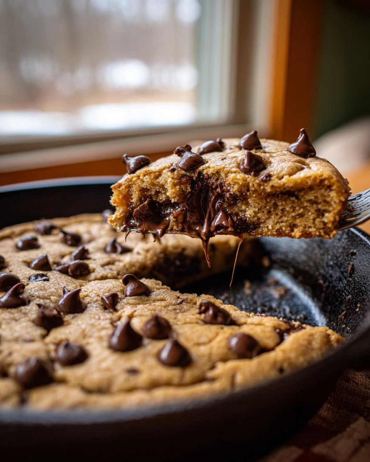 A slice of warm Gluten-Free Chocolate Chip Skillet Cookie being lifted, showing gooey melted chocolate.