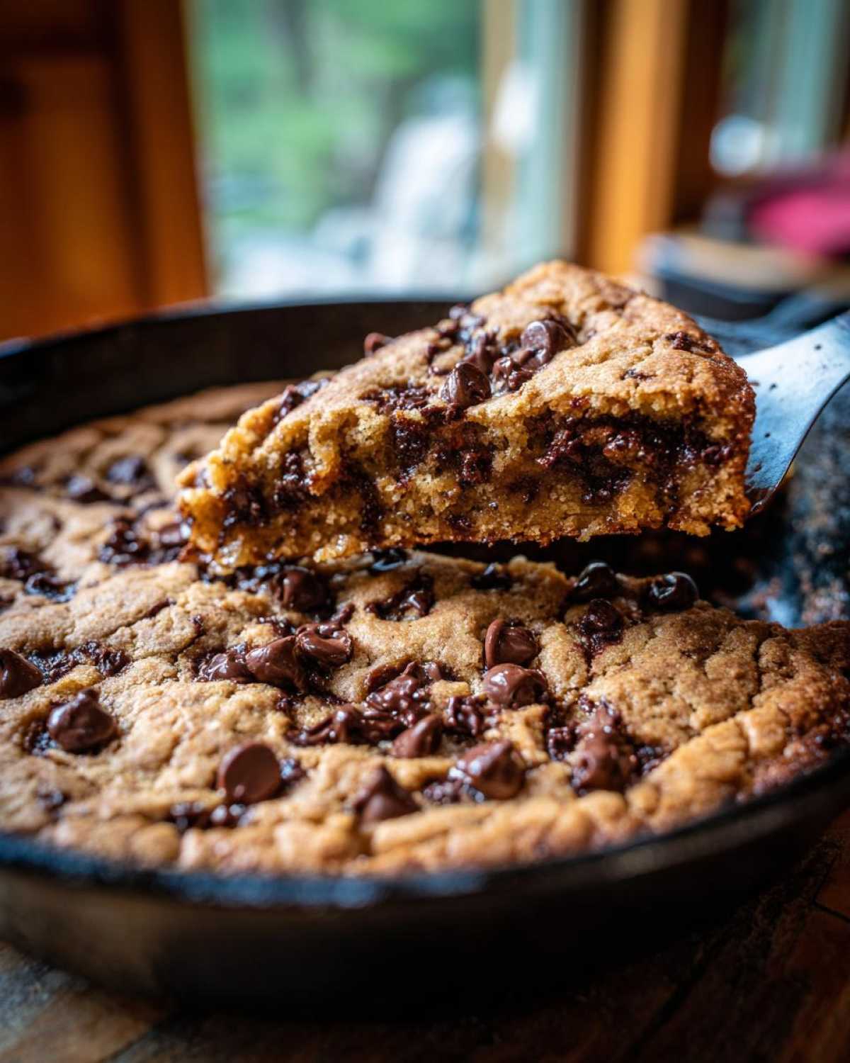 A slice of warm Gluten-Free Chocolate Chip Skillet Cookie being lifted from the cast iron pan, showing gooey chocolate chips.