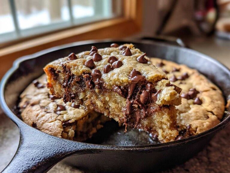 A large slice being lifted from a warm Gluten-Free Chocolate Chip Skillet Cookie in a cast iron pan, showing gooey melted chocolate.