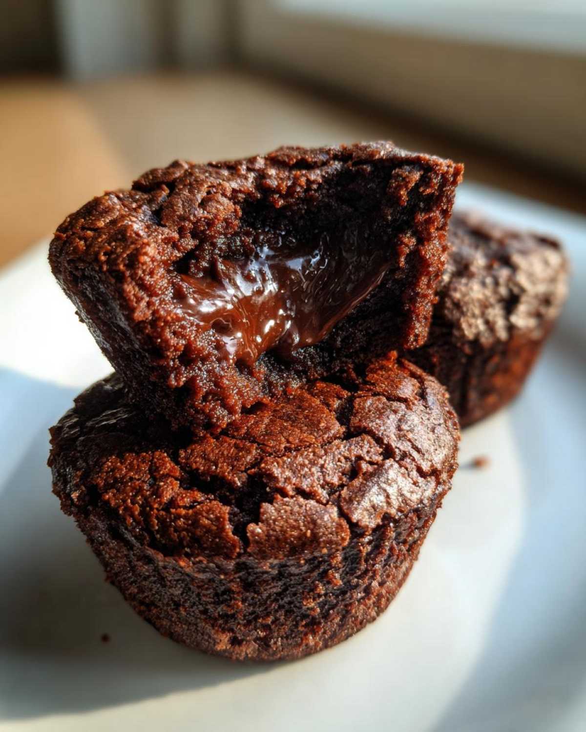 Close-up of a Gluten-Free Chocolate Lava Brownie Cup broken open to show the molten chocolate center.