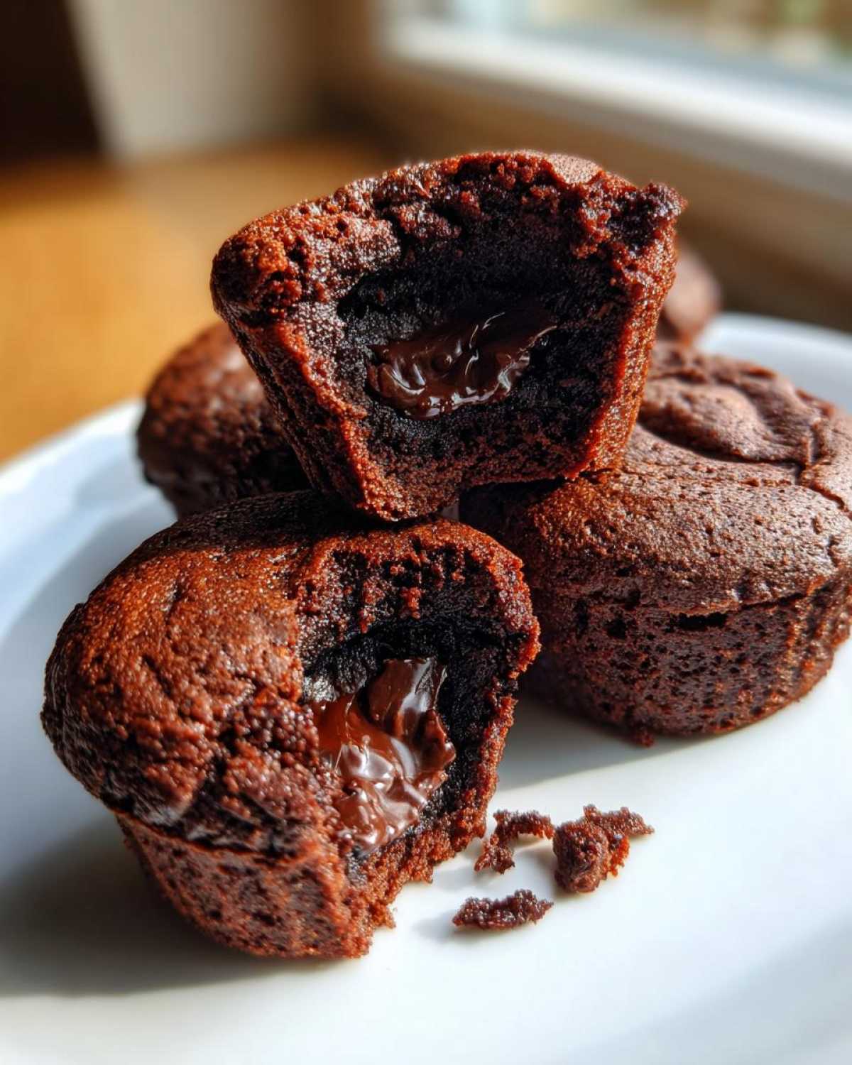 Close-up of Gluten-Free Chocolate Lava Brownie Cups, one cut open revealing a molten chocolate center.