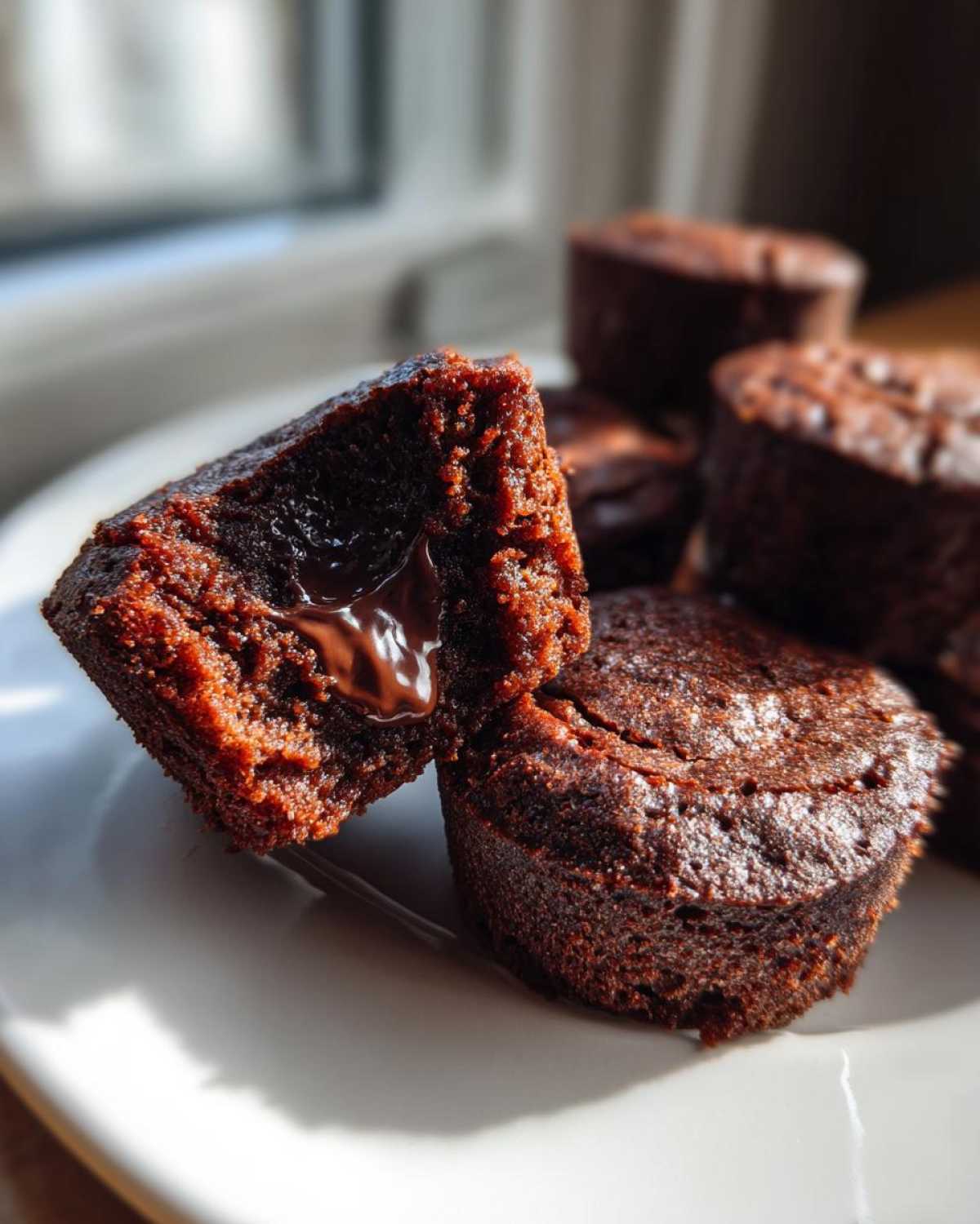 A Gluten-Free Chocolate Lava Brownie Cup cut in half showing the gooey, molten chocolate center.