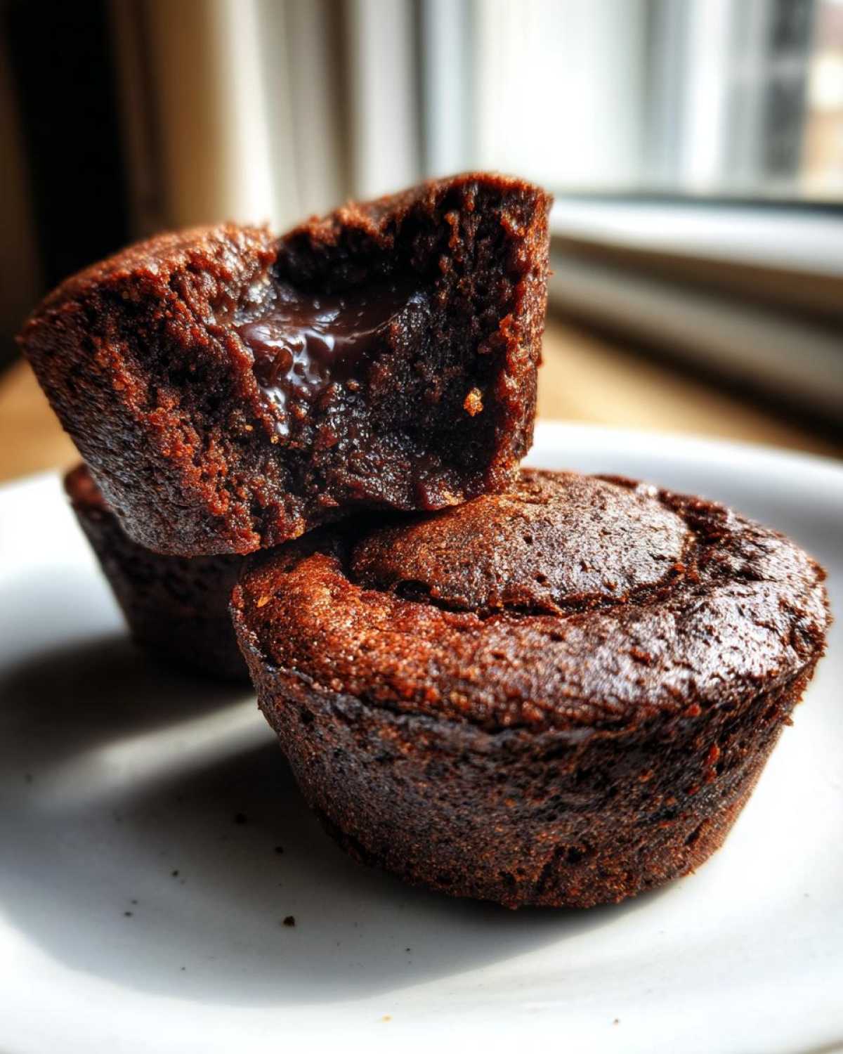 Close-up of Gluten-Free Chocolate Lava Brownie Cups, one broken open revealing a molten chocolate center.