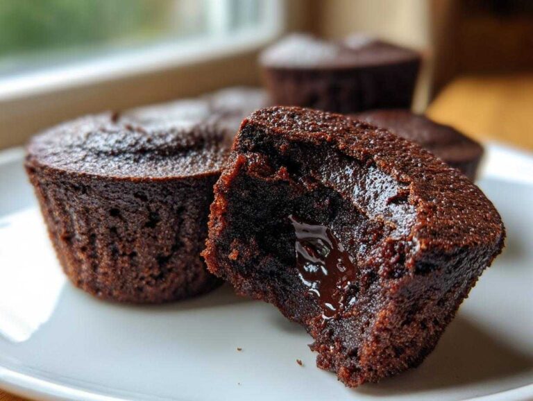 Close-up of a Gluten-Free Chocolate Lava Brownie Cup broken open to show the gooey, molten chocolate center.