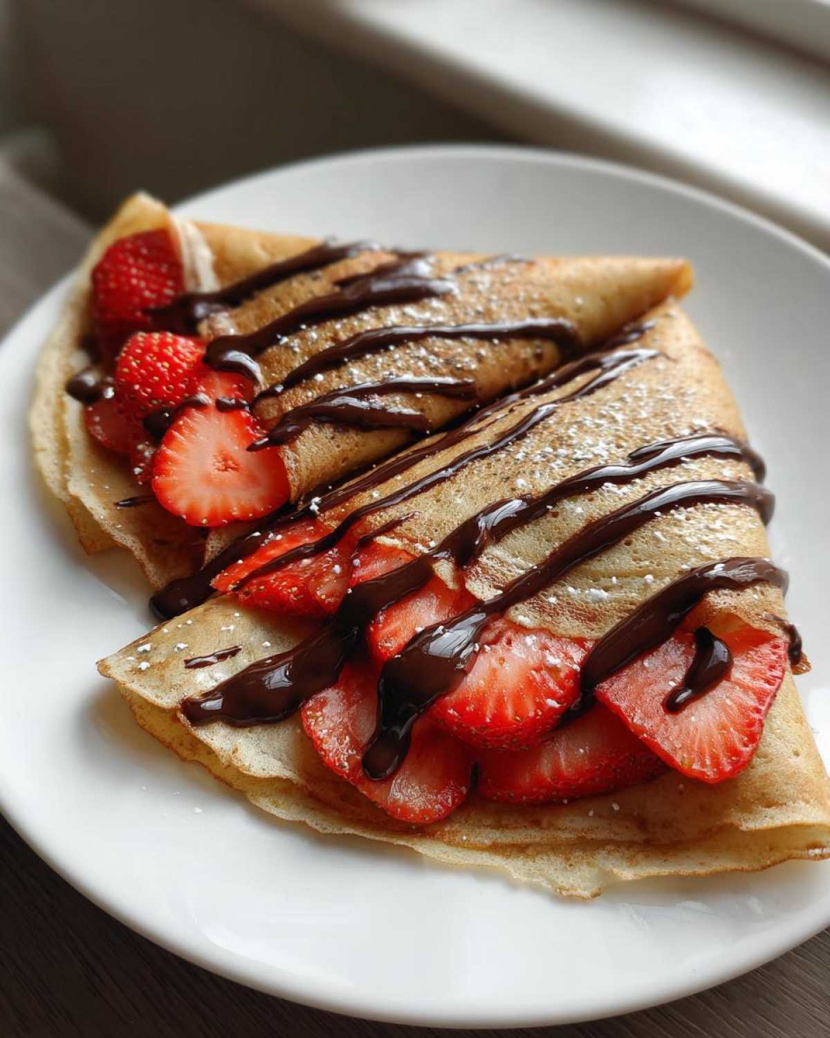 Two folded Gluten-Free Chocolate Strawberry Crepes topped with fresh sliced strawberries and drizzled with dark chocolate sauce.
