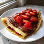 A folded Gluten-Free Chocolate Strawberry Crepes topped generously with chocolate sauce and fresh sliced strawberries.