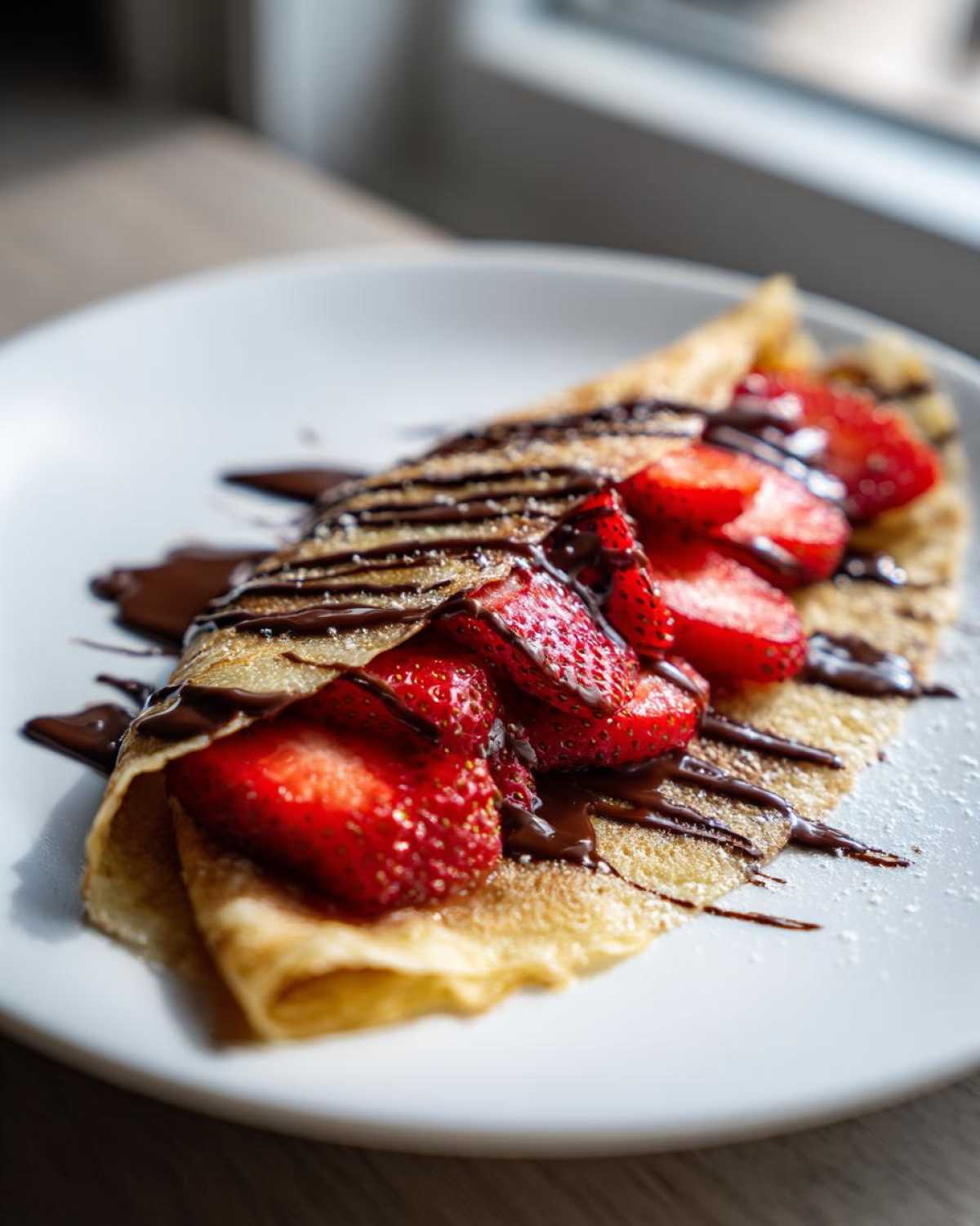 Close-up of a folded Gluten-Free Chocolate Strawberry Crepes topped with sliced fresh strawberries and drizzled with rich chocolate sauce.