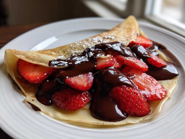 A folded Gluten-Free Chocolate Strawberry Crepes topped with rich chocolate sauce, fresh strawberries, and powdered sugar.