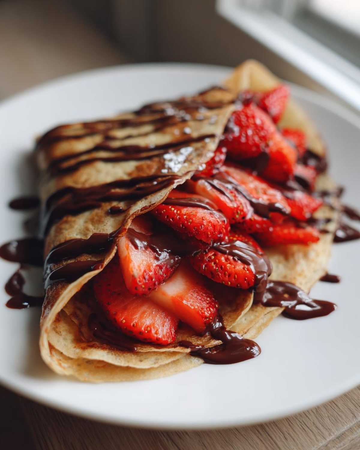 A folded Gluten-Free Chocolate Strawberry Crepes filled with fresh strawberries and drizzled generously with chocolate sauce.