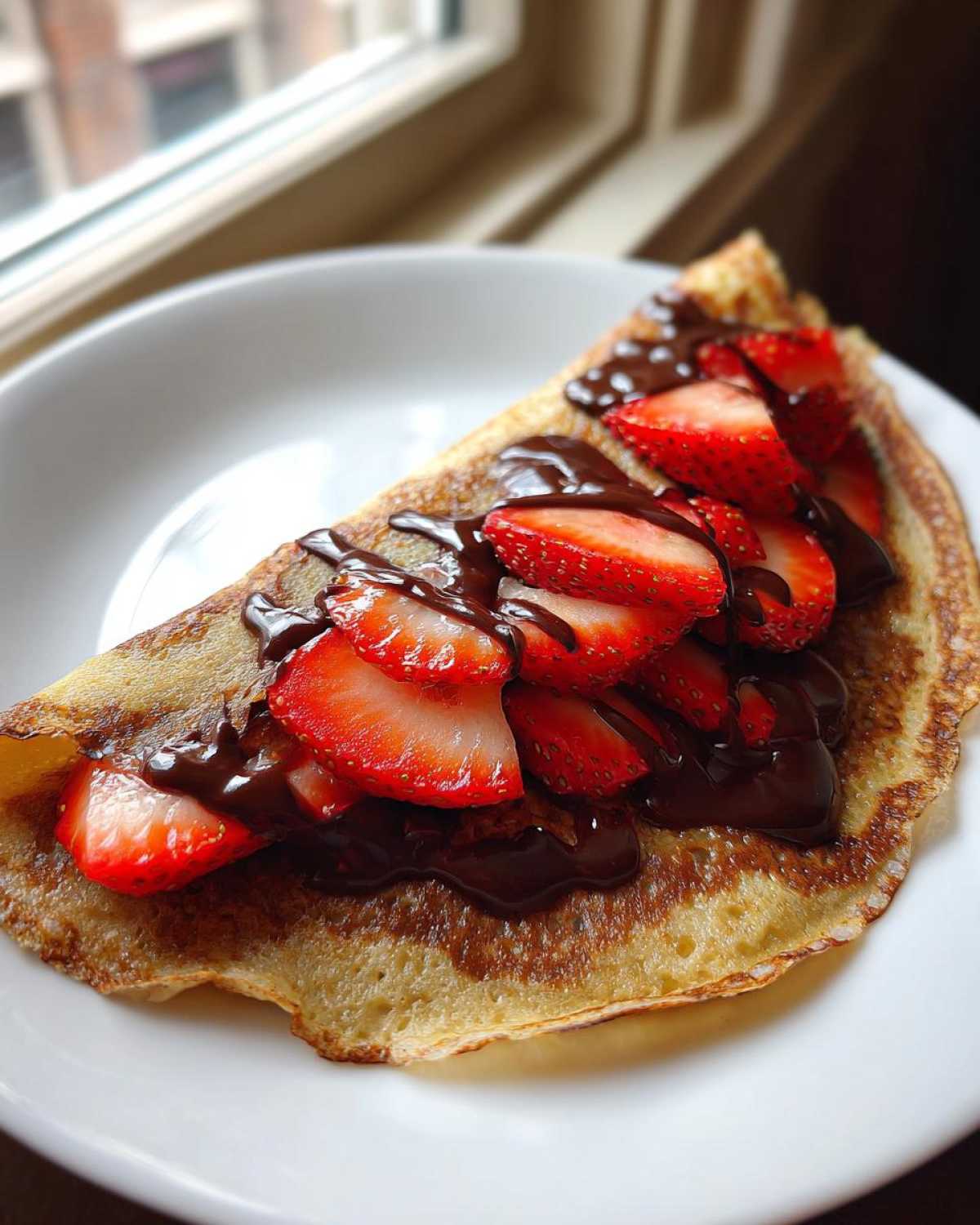 A folded Gluten-Free Chocolate Strawberry Crepes topped with fresh sliced strawberries and drizzled with rich chocolate sauce.