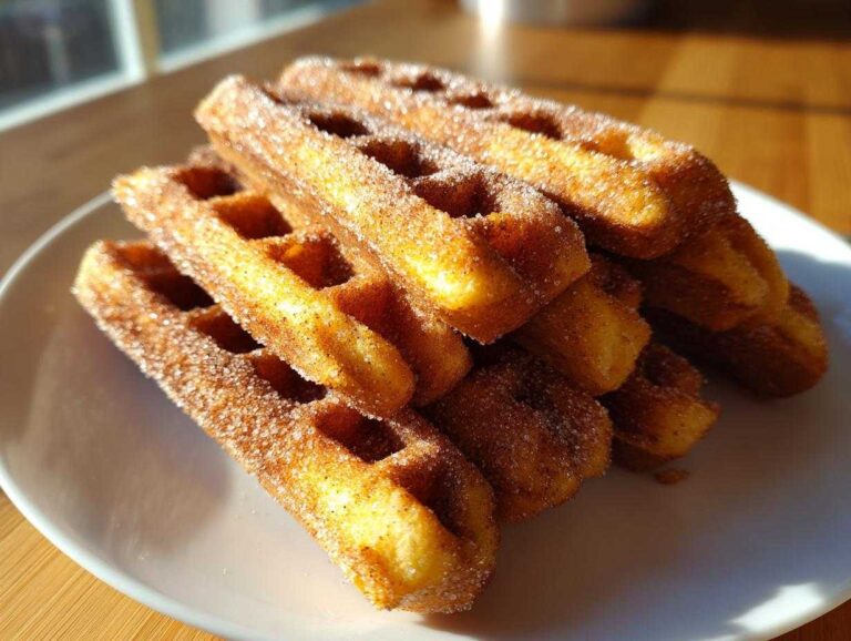 Amazing 30-Minute Gluten-Free Cinnamon Sugar Waffle Sticks A stack of golden Gluten-Free Cinnamon Sugar Waffle Sticks heavily coated in sparkling cinnamon sugar, resting on a white plate.