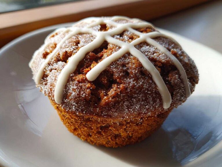 Close-up of a single, dark brown Gluten-Free Hot Cross Bun Muffin topped with white icing cross and sparkling sugar.