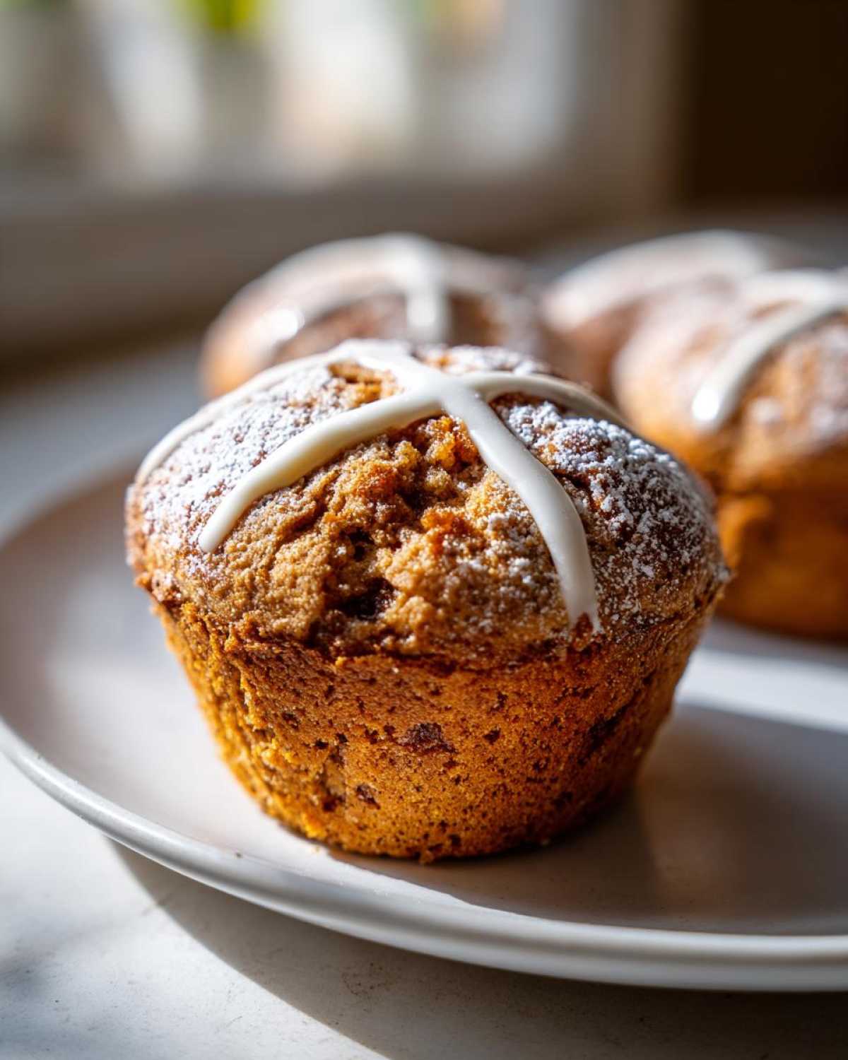 A close-up of a freshly baked Gluten-Free Hot Cross Bun Muffin topped with white icing cross and powdered sugar.