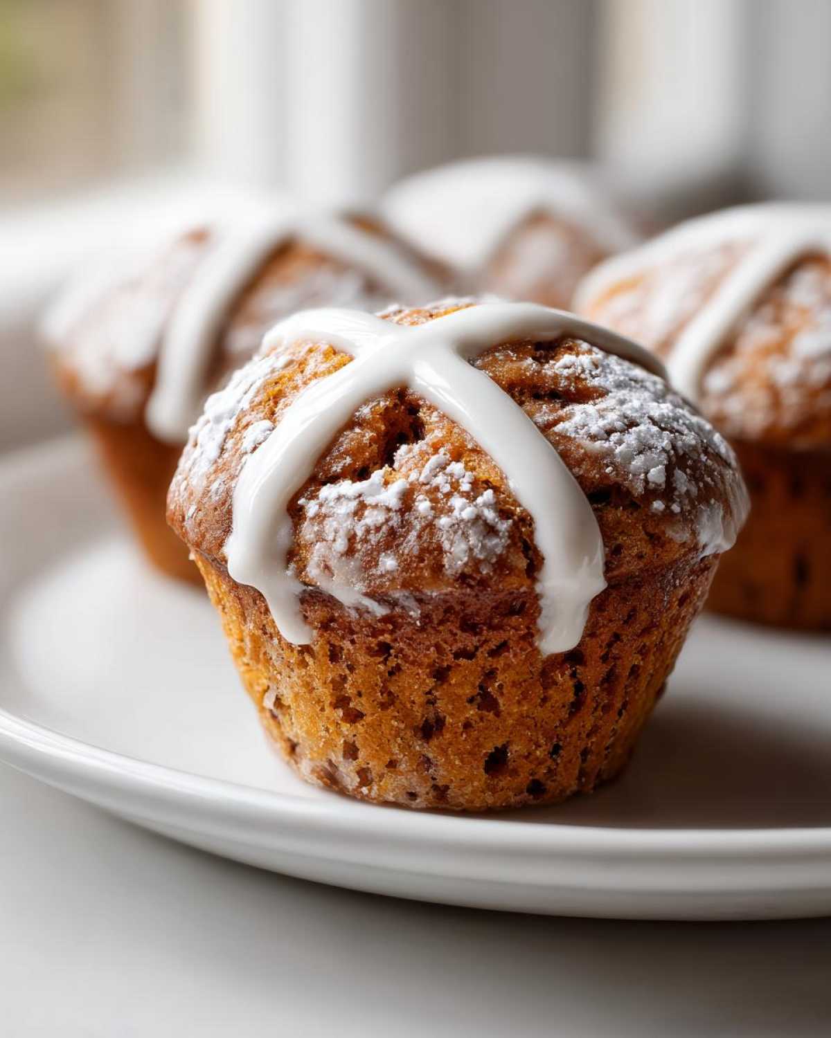 A close-up of a freshly baked Gluten-Free Hot Cross Bun Muffin topped with white icing cross and powdered sugar.