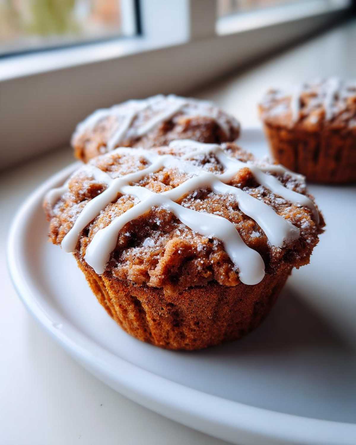 Close-up of a freshly baked Gluten-Free Hot Cross Bun Muffin topped with white icing cross.