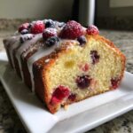 A close-up of a slice of Gluten-Free Lemon Berry Yogurt Cake, topped with berries and white icing.