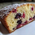 Close-up of a moist slice of Gluten-Free Lemon Berry Yogurt Cake studded with berries and topped with powdered sugar and lemon glaze.