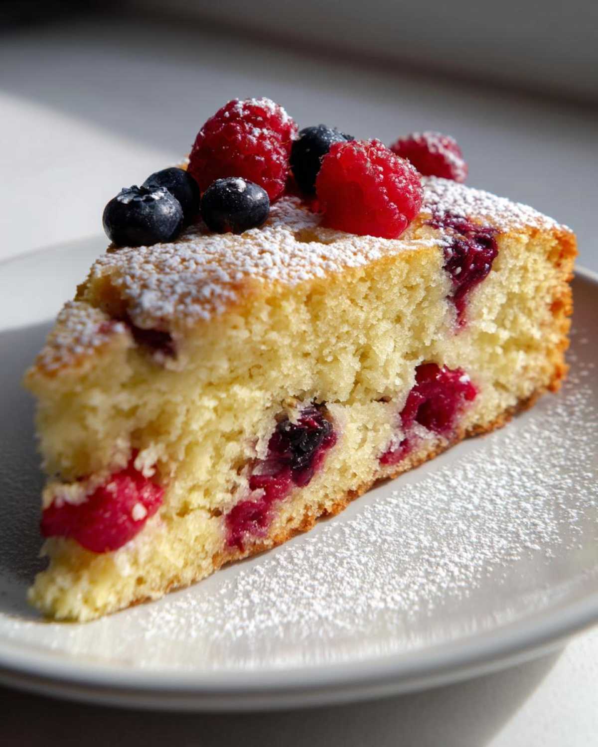Close-up of a slice of Gluten-Free Lemon Berry Yogurt Cake topped with fresh raspberries, blueberries, and powdered sugar.
