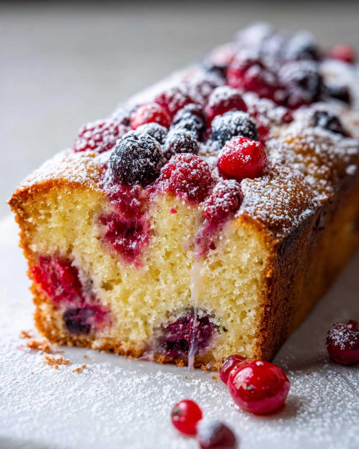 Close-up of a slice of Gluten-Free Lemon Berry Yogurt Cake topped with mixed berries and powdered sugar.