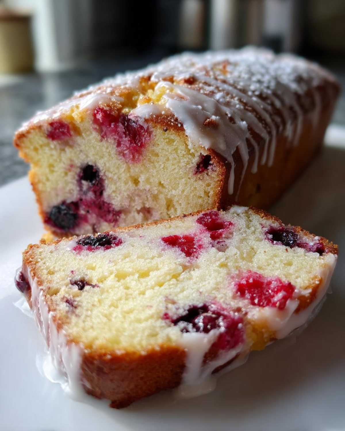 A slice of Gluten-Free Lemon Berry Yogurt Cake showing berries and white glaze, with the loaf behind it.