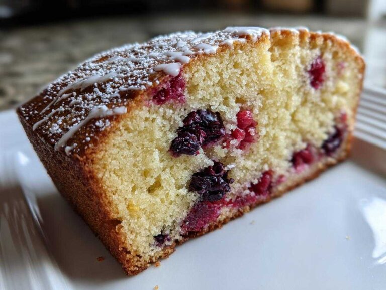 Close-up of a moist slice of Gluten-Free Lemon Berry Yogurt Cake studded with berries and topped with powdered sugar and lemon glaze.