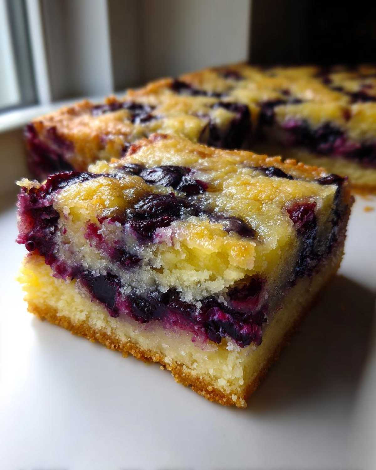 Close-up of a moist slice of Gluten-Free Lemon Blueberry Layer Bars showing the dense cake base and burst blueberries.