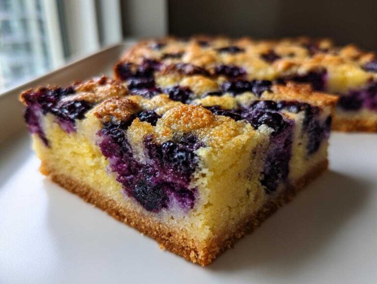 Close-up of a thick slice of Gluten-Free Lemon Blueberry Layer Bars showing a dense yellow cake base mixed with vibrant purple blueberries.