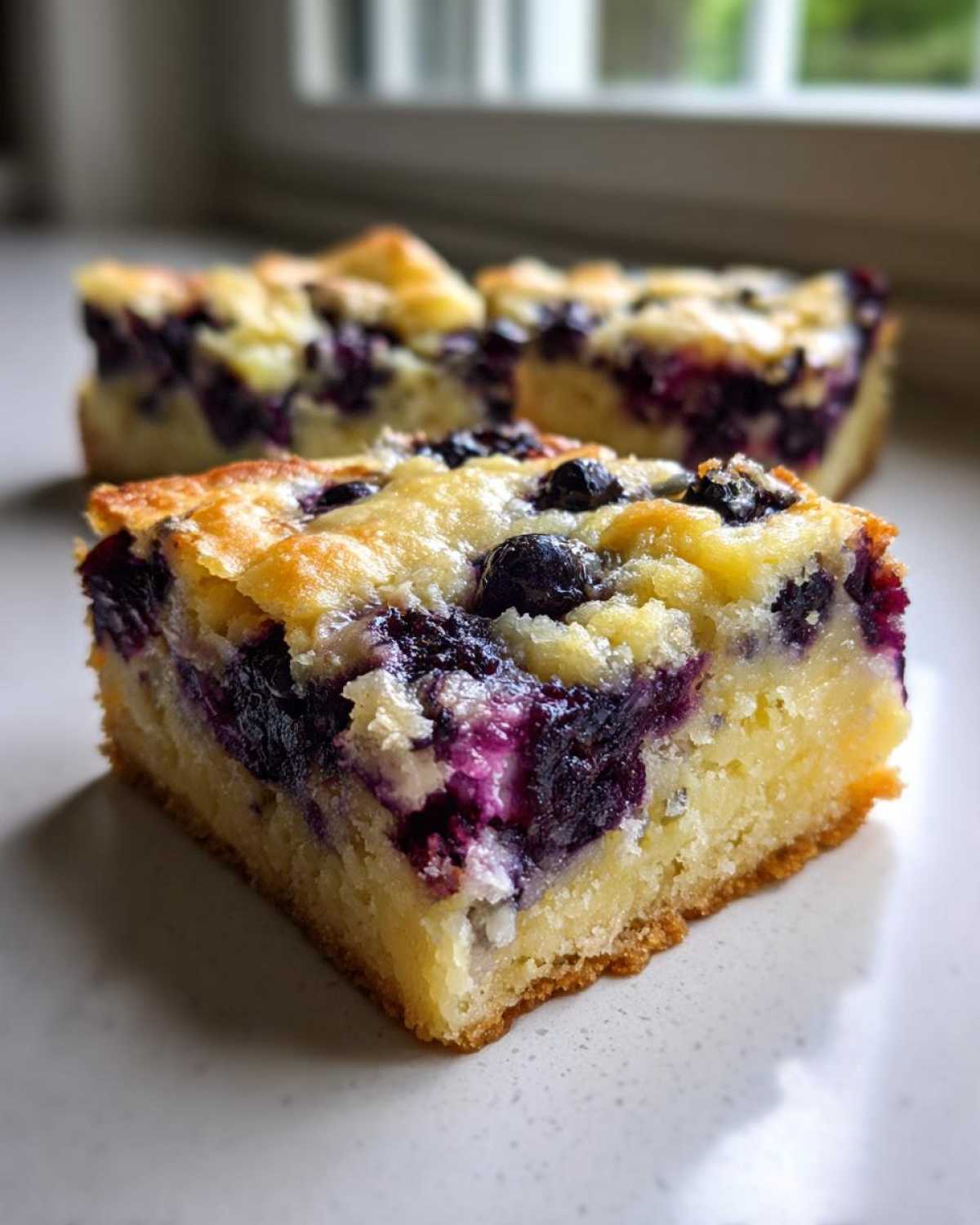 A close-up, angled shot of a square piece of Gluten-Free Lemon Blueberry Layer Bars showing the dense cake base and burst blueberries.