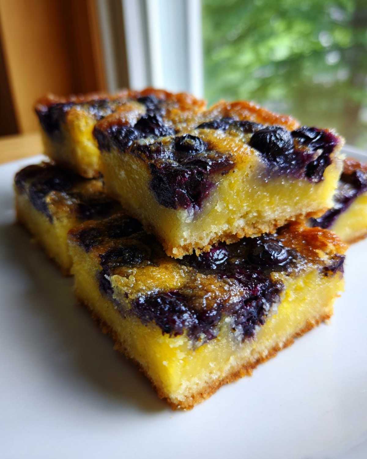 A stack of rich, moist Gluten-Free Lemon Blueberry Layer Bars featuring a bright yellow lemon filling and dark baked blueberries.