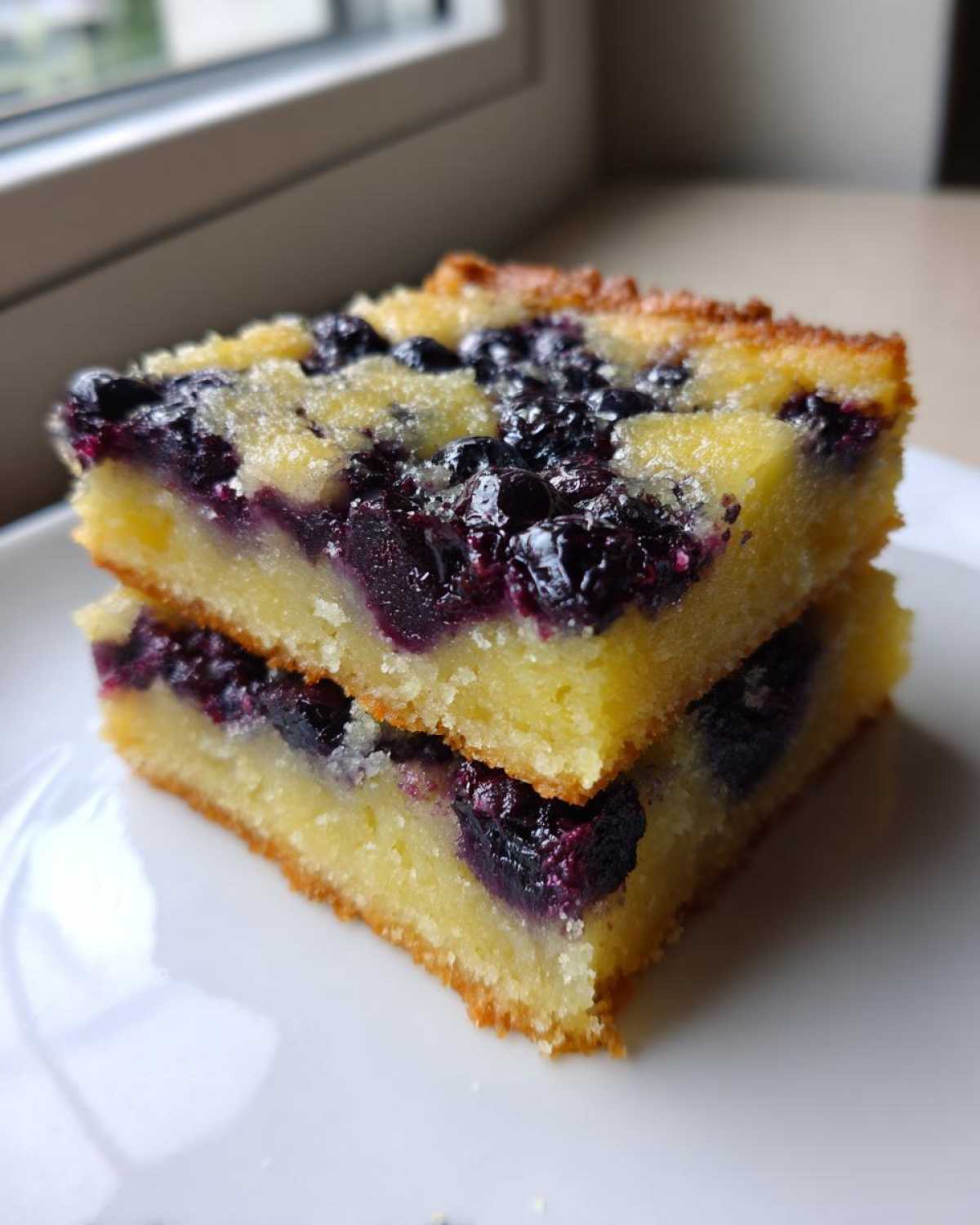 Two stacked squares of moist Gluten-Free Lemon Blueberry Layer Bars topped with baked blueberries.