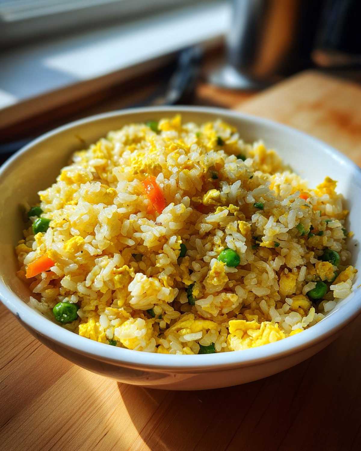 Close-up of a white bowl filled with Gluten-Free Lemon Pepper Fried Rice, featuring scrambled egg, peas, and carrots.