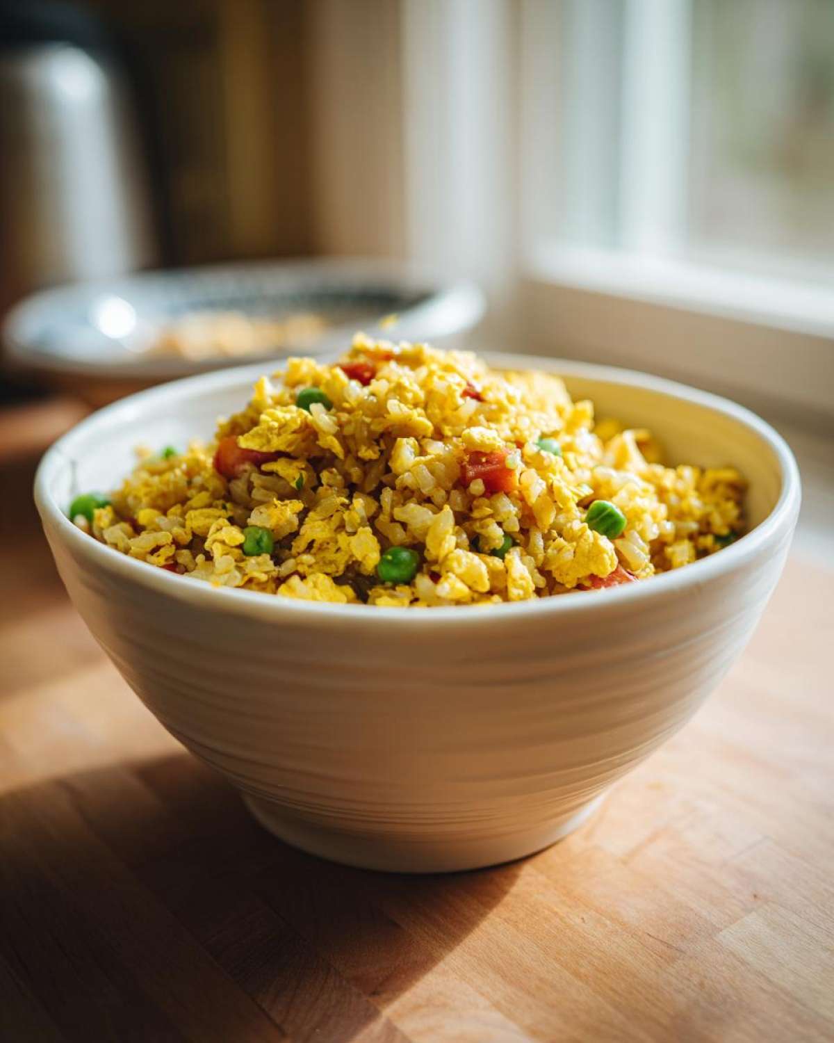 A white bowl filled with vibrant Gluten-Free Lemon Pepper Fried Rice mixed with scrambled egg, peas, and diced red peppers.