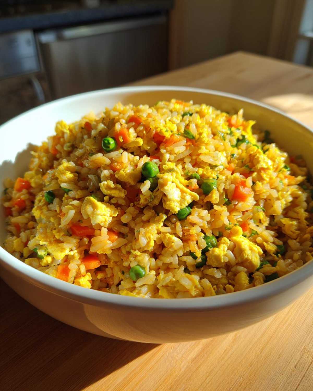 Close-up of a white bowl filled with vibrant Gluten-Free Lemon Pepper Fried Rice, showing rice, scrambled egg, peas, and carrots.