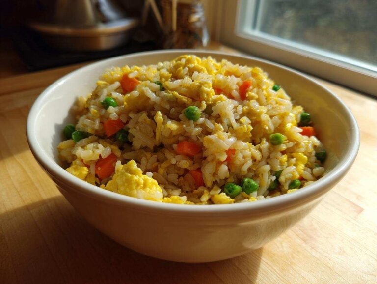 A close-up of a white bowl filled with Gluten-Free Lemon Pepper Fried Rice, featuring scrambled egg, peas, and diced carrots.
