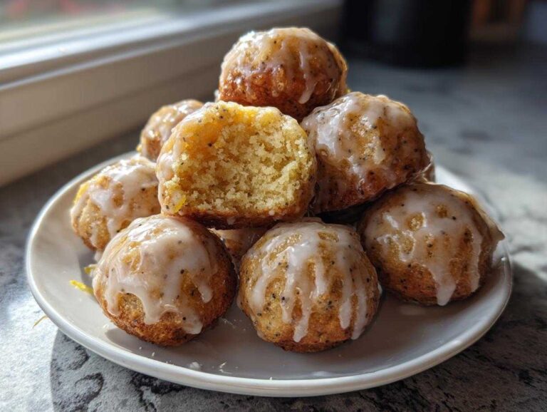 A stack of shiny, glazed Gluten-Free Lemon Poppy Seed Donut Holes on a white plate, one cut open showing the crumb.