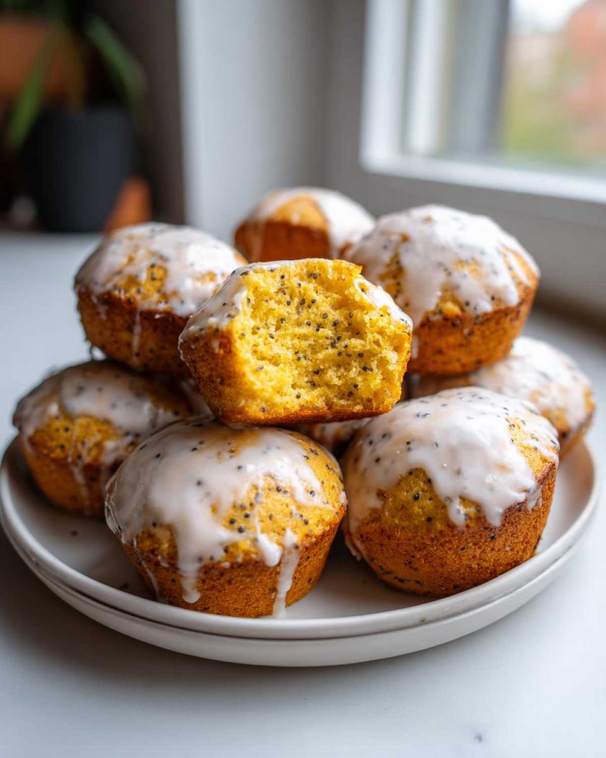 A stack of Gluten-Free Lemon Poppy Seed Donut Holes topped with white glaze, one is broken open showing poppy seeds.