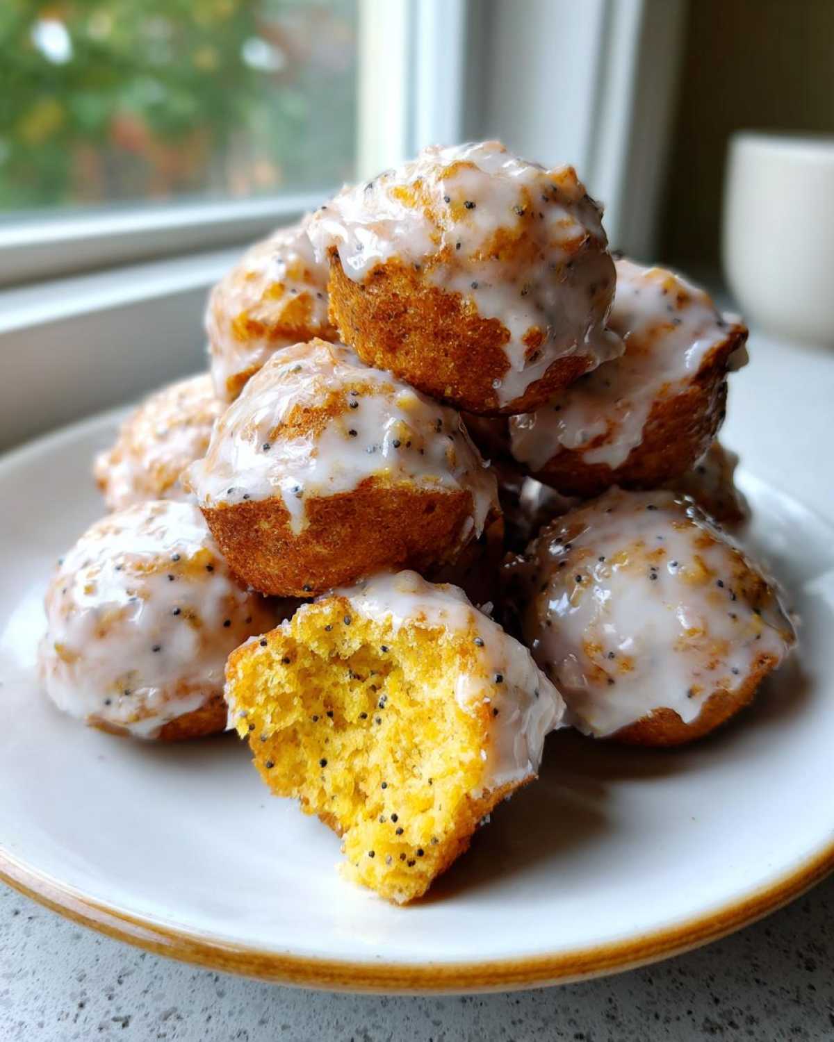 A stack of glazed Gluten-Free Lemon Poppy Seed Donut Holes, with one broken open showing the yellow, poppy-seed-flecked interior.