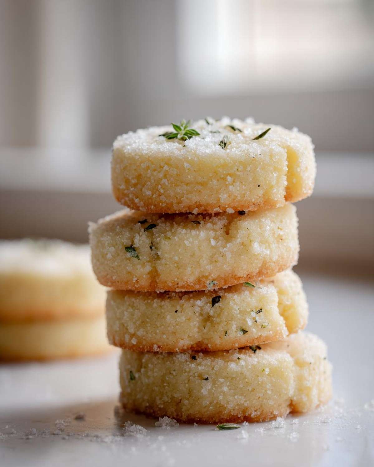 A stack of four thick Gluten-Free Lemon Thyme Shortbread Cookies, coated in sugar and garnished with thyme.