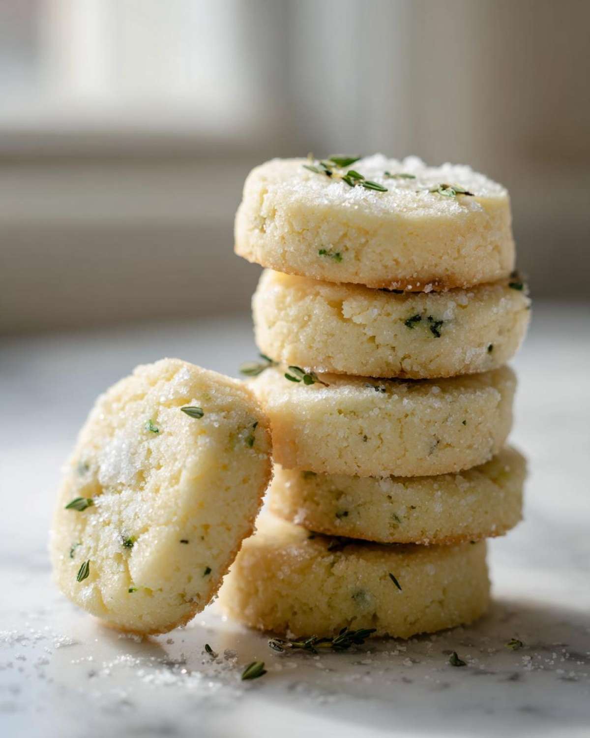 A stack of five round Gluten-Free Lemon Thyme Shortbread Cookies topped with sugar and fresh thyme.