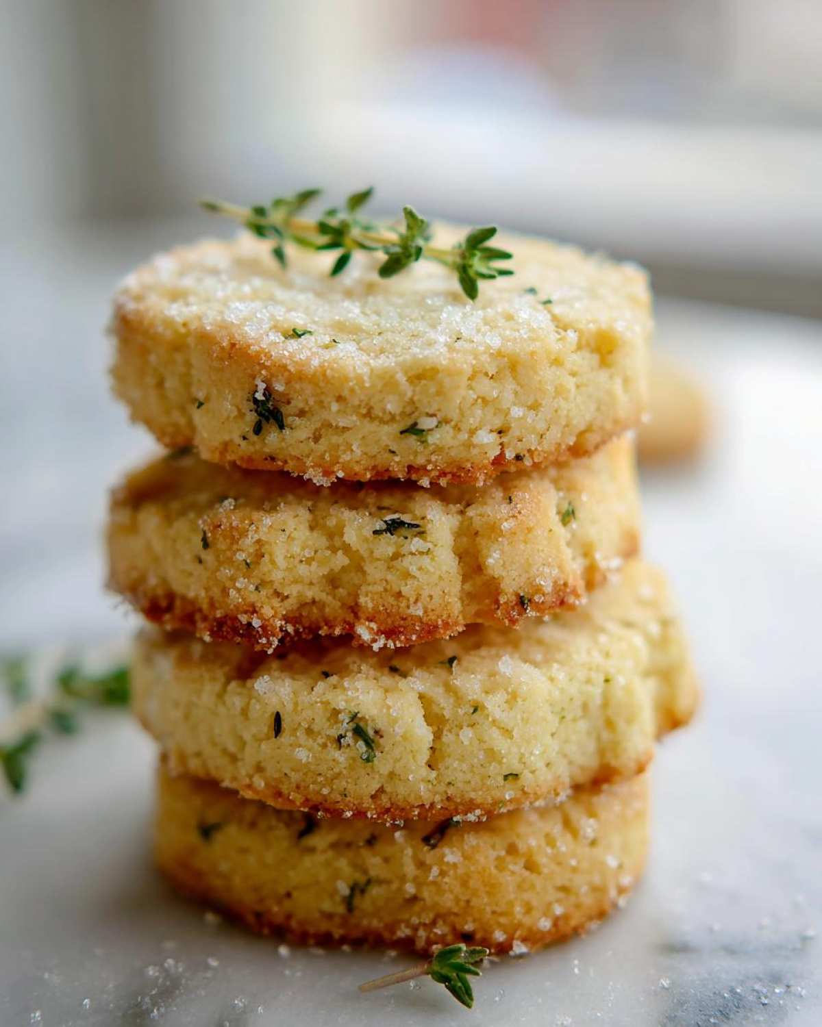 A stack of four Gluten-Free Lemon Thyme Shortbread Cookies, topped with sugar crystals and a sprig of fresh thyme.