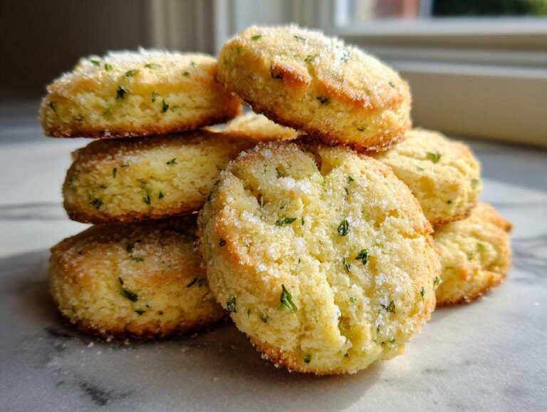 A stack of golden Gluten-Free Lemon Thyme Shortbread Cookies topped with coarse sugar and flecks of green thyme.