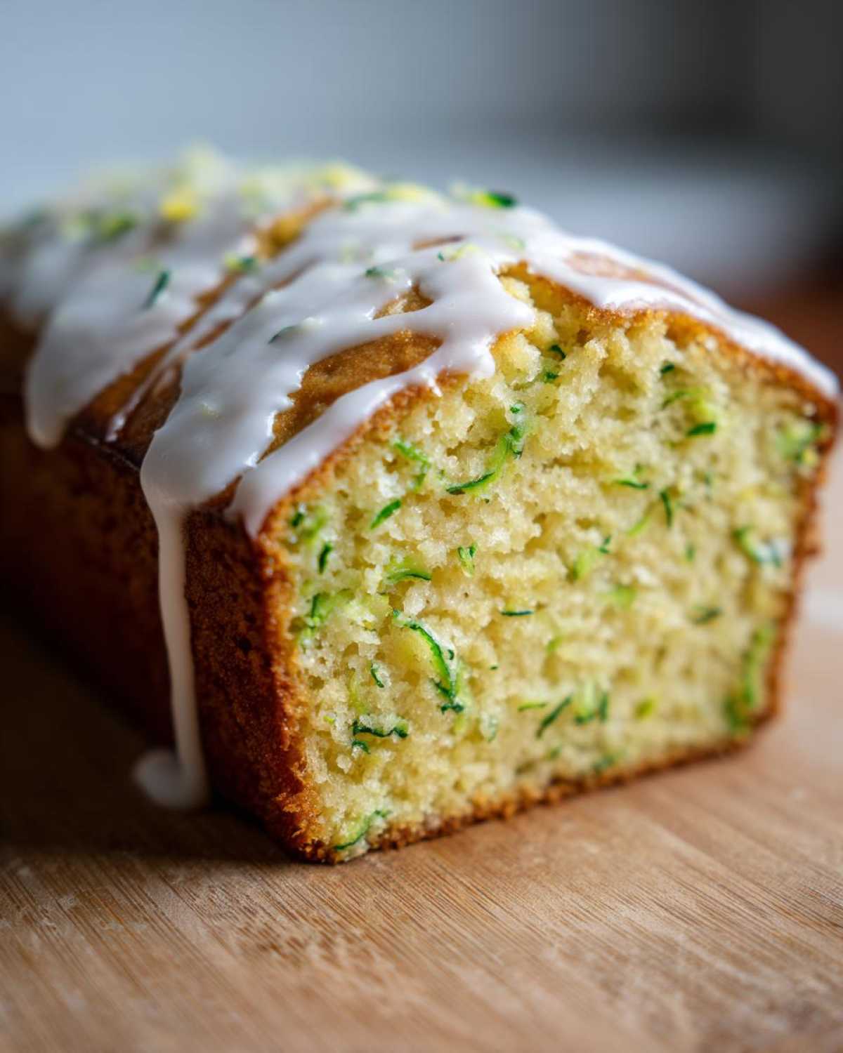 Close-up of a loaf of Gluten-Free Lemon Zucchini Bread topped with a thick white lemon glaze.