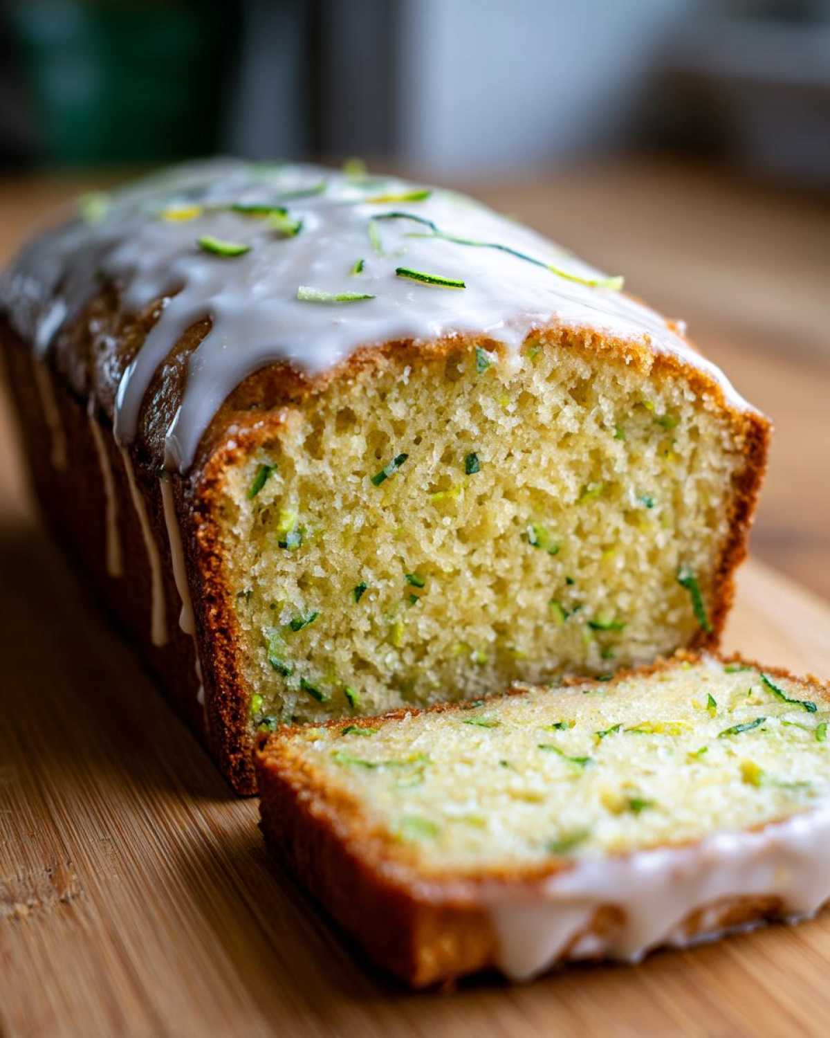 Close-up of a loaf of Gluten-Free Lemon Zucchini Bread, drizzled with white icing and topped with zest.