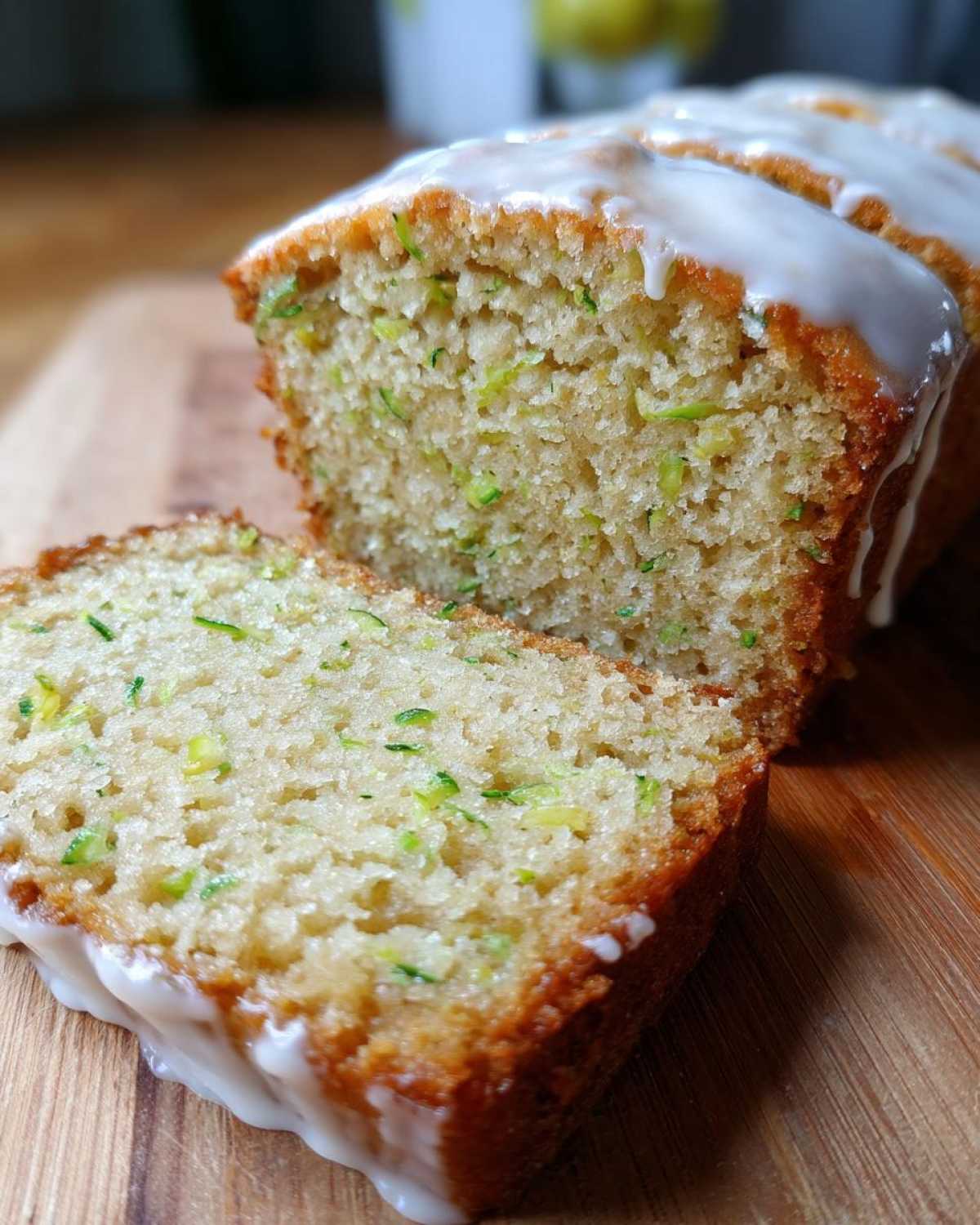 Close-up of moist Gluten-Free Lemon Zucchini Bread, sliced and drizzled with a white lemon glaze.