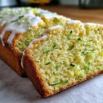 A close-up of a sliced loaf of moist Gluten-Free Lemon Zucchini Bread topped with white lemon glaze.