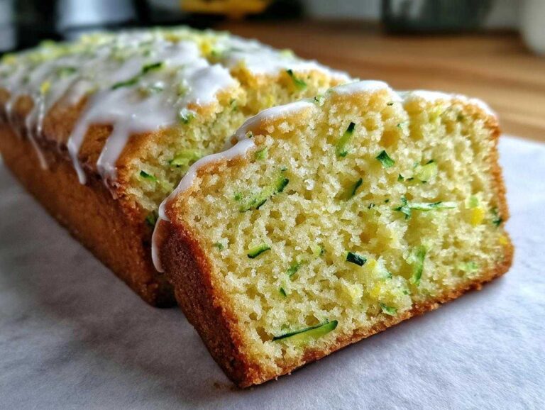 A close-up of a sliced loaf of moist Gluten-Free Lemon Zucchini Bread topped with white lemon glaze.