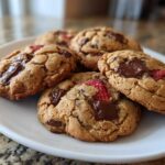 A stack of freshly baked Gluten-Free Strawberry Chocolate Chip Cookies with melted chocolate chunks on a white plate.
